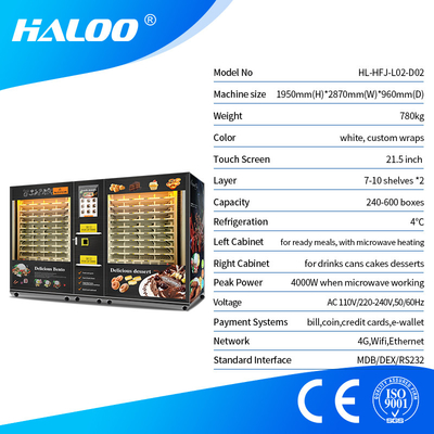 Máy bán hàng tự động 2 ngăn công suất lớn cho các bữa ăn sẵn có làm nóng bằng lò vi sóng và lon đồ uống Bánh ngọt Món tráng miệng