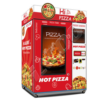 Máy bán pizza màn hình cảm ứng 55 inch với hệ thống sưởi ấm và nướng, có hộp đèn LED trên đầu máy pizza