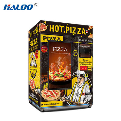 Máy bán pizza màn hình cảm ứng 55 inch với hệ thống sưởi ấm và nướng, có hộp đèn LED trên đầu máy pizza
